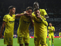 Ilias Akhomach, Alex Baena, Thierno Barry, and Ayoze Perez celebrate a goal during the match between RCD Espanyol and Villarreal CF, corresp...