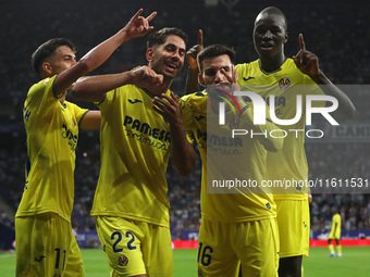 Ilias Akhomach, Alex Baena, Thierno Barry, and Ayoze Perez celebrate a goal during the match between RCD Espanyol and Villarreal CF, corresp...