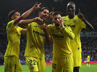 Ilias Akhomach, Alex Baena, Thierno Barry, and Ayoze Perez celebrate a goal during the match between RCD Espanyol and Villarreal CF, corresp...