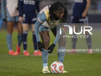 Khadija Shaw #21 of Manchester City W.F.C. takes a penalty during the UEFA Women's Champions League Second Round 2nd Leg match between Manch...