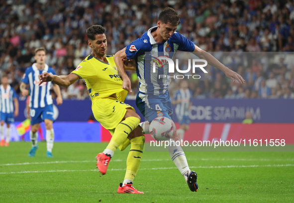 Marash Kumbulla and Ayoze Perez play during the match between RCD Espanyol and Villarreal CF, corresponding to week 7 of LaLiga EA Sports, a...