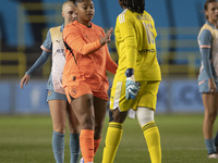 Khiara Keating #35 (GK) of Manchester City W.F.C. and Chiamaka Nnadozie #16 (GK) of Paris FC shake hands at full time during the UEFA Women'...