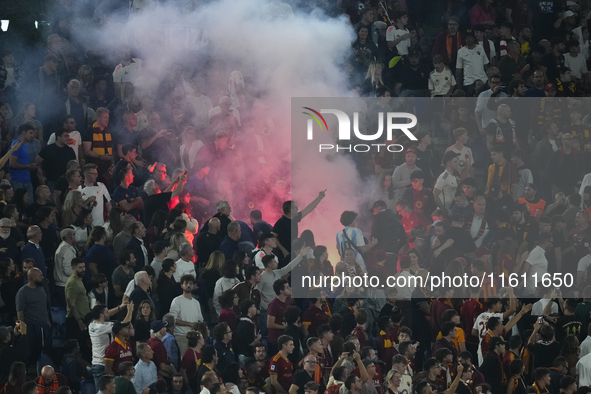 Athletic fans throw flares at Roma fans during the UEFA Europa League 2024/25 League Phase MD1 match between AS Roma and Athletic Club at St...