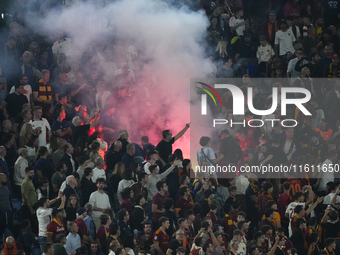 Athletic fans throw flares at Roma fans during the UEFA Europa League 2024/25 League Phase MD1 match between AS Roma and Athletic Club at St...