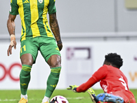 Ricardo Jorge Gomes (L) of Al Wakrah SC battles for the ball with Ahmed Basher Ali (R) of Al-Khor SC during the Ooredoo Qatar Stars League 2...