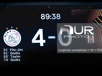 The scoreboard shows 4-0 during the match between Ajax and Besiktas at the Johan Cruijff ArenA for the UEFA Europa League - League phase - M...