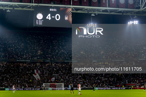 The scoreboard shows 4-0 during the match between Ajax and Besiktas at the Johan Cruijff ArenA for the UEFA Europa League - League phase - M...