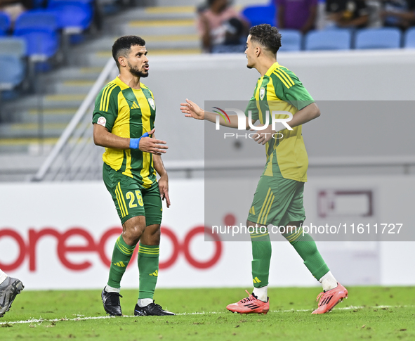 Ayoub Assal (R) of Al Wakrah SC celebrates after scoring a goal during the Ooredoo Qatar Stars League 24/25 match between Al-Wakrah SC and A...