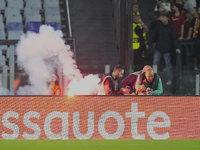 Athletic fans throw flares at photographers during the UEFA Europa League 2024/25 League Phase MD1 match between AS Roma and Athletic Club a...