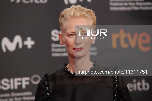 Tilda Swinton attends the red carpet of the movie ''La Habitacion de al Lado'' and the Donostia Award for Pedro Almodovar during the 72nd Sa...