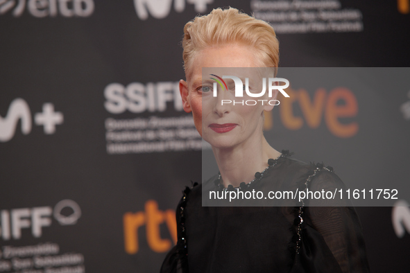 Tilda Swinton attends the red carpet of the movie ''La Habitacion de al Lado'' and the Donostia Award for Pedro Almodovar during the 72nd Sa...