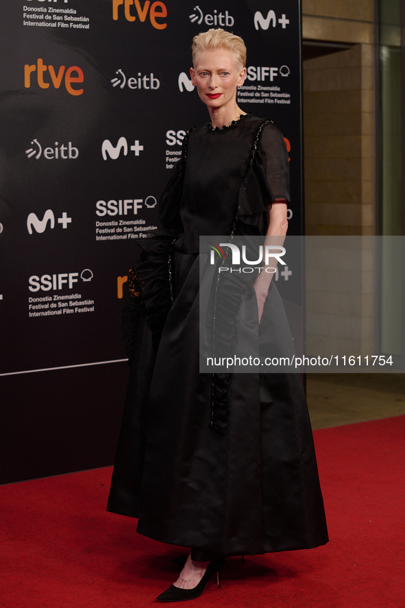 Tilda Swinton attends the red carpet of the movie ''La Habitacion de al Lado'' and the Donostia Award for Pedro Almodovar during the 72nd Sa...