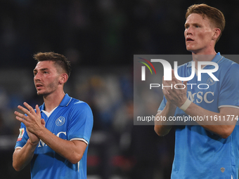 Scott McTominay and Billy Gilmour of SSC Napoli applauds fans at the end of the Coppa Italia match between SSC Napoli and Palermo FC at Stad...