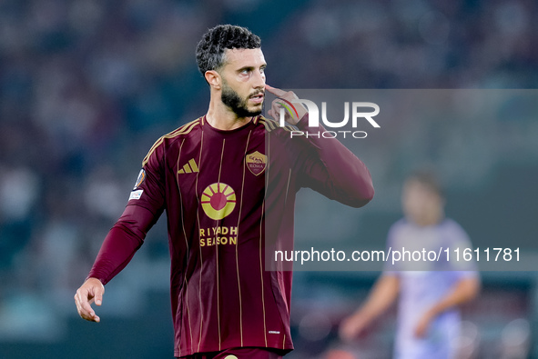 Mario Hermoso of AS Roma gestures during the UEFA Europa League 2024/25 League Phase MD1 match between AS Roma and Athletic Club at Stadio O...