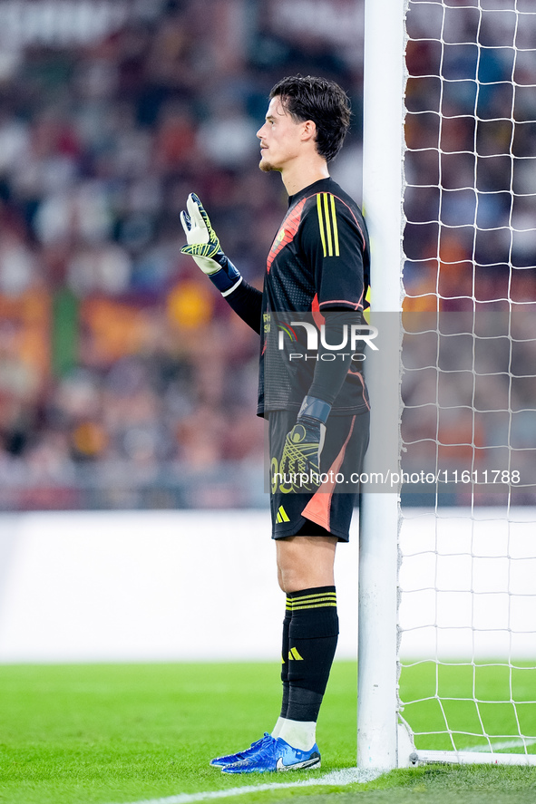 Mile Svilar of AS Roma gestures during the UEFA Europa League 2024/25 League Phase MD1 match between AS Roma and Athletic Club at Stadio Oli...