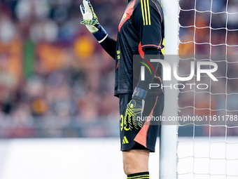 Mile Svilar of AS Roma gestures during the UEFA Europa League 2024/25 League Phase MD1 match between AS Roma and Athletic Club at Stadio Oli...