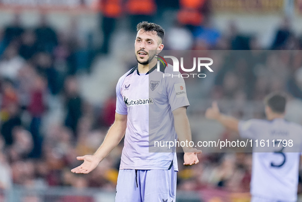 Aitor Paredes of Athletic Club gestures during the UEFA Europa League 2024/25 League Phase MD1 match between AS Roma and Athletic Club at St...