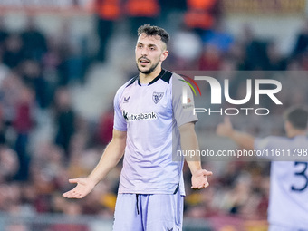 Aitor Paredes of Athletic Club gestures during the UEFA Europa League 2024/25 League Phase MD1 match between AS Roma and Athletic Club at St...