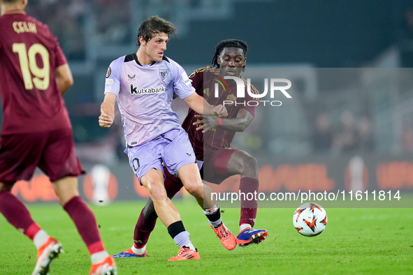 Unai Gomez of Athletic Club and Manu Kone' of AS Roma compete for the ball during the UEFA Europa League 2024/25 League Phase MD1 match betw...