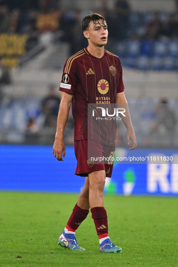 Niccolo Pisilli of A.S. Roma during the UEFA Europa League 2024/25 League Phase MD1 match between A.S. Roma and Athletic Club Bilbao at Olym...