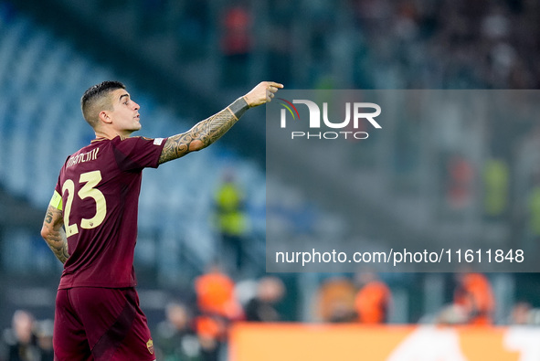 Gianluca Mancini of AS Roma gestures during the UEFA Europa League 2024/25 League Phase MD1 match between AS Roma and Athletic Club at Stadi...