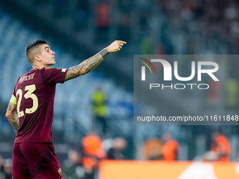 Gianluca Mancini of AS Roma gestures during the UEFA Europa League 2024/25 League Phase MD1 match between AS Roma and Athletic Club at Stadi...