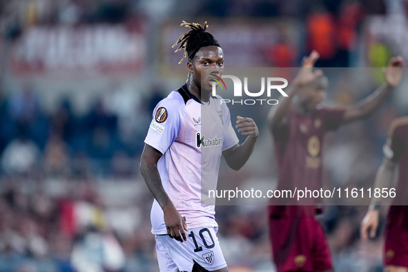 Nico Williams of Athletic Club gestures during the UEFA Europa League 2024/25 League Phase MD1 match between AS Roma and Athletic Club at St...