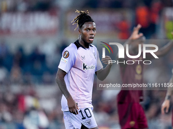 Nico Williams of Athletic Club gestures during the UEFA Europa League 2024/25 League Phase MD1 match between AS Roma and Athletic Club at St...