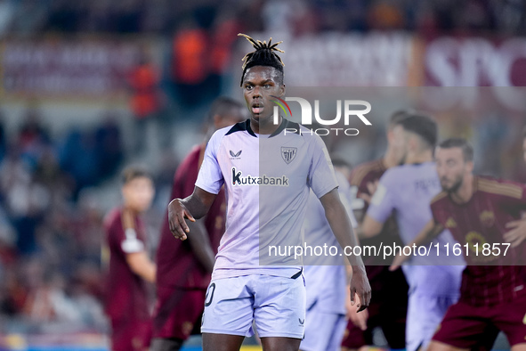 Nico Williams of Athletic Club looks on during the UEFA Europa League 2024/25 League Phase MD1 match between AS Roma and Athletic Club at St...