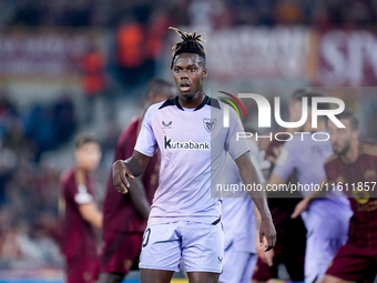 Nico Williams of Athletic Club looks on during the UEFA Europa League 2024/25 League Phase MD1 match between AS Roma and Athletic Club at St...