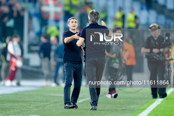 Ernesto Valverde head coach of Athletic Club greets Ivan Juric head coach of AS Roma during the UEFA Europa League 2024/25 League Phase MD1...