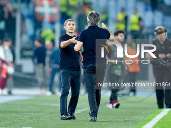 Ernesto Valverde head coach of Athletic Club greets Ivan Juric head coach of AS Roma during the UEFA Europa League 2024/25 League Phase MD1...