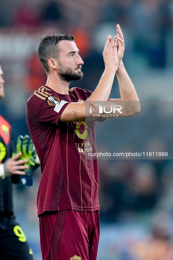 Bryan Cristante of AS Roma gestures during the UEFA Europa League 2024/25 League Phase MD1 match between AS Roma and Athletic Club at Stadio...