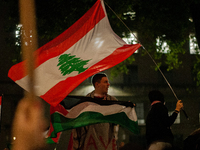 A protester holds a Palestinian flag with a waving Lebanese flag behind him during the Lebanon Ceasefire Protest at 10 Downing Street in Lon...