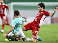 Hazem Ahmed Shehata (L) of Al Rayyan SC battles for the ball with Ahmed Alaaeildin Abdelmotaal (R) of Al Arabi SC during the Ooredoo Qatar S...