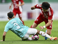 Hazem Ahmed Shehata (L) of Al Rayyan SC battles for the ball with Ahmed Alaaeildin Abdelmotaal (R) of Al Arabi SC during the Ooredoo Qatar S...