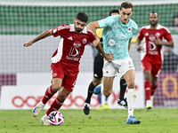 Julien De Sart (R) of Al Rayyan SC battles for the ball with Alaaeddin Mohammed Hasan (L) of Al Arabi SC during the Ooredoo Qatar Stars Leag...