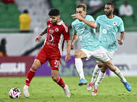 Julien De Sart (R) of Al Rayyan SC battles for the ball with Luiz Martin Junior (L) of Al Arabi SC during the Ooredoo Qatar Stars League 24/...