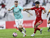 Roger Krug Guedes (L) of Al Rayyan SC battles for the ball with Jassem Gaber Abdulsallam (R) of Al Arabi SC during the Ooredoo Qatar Stars L...