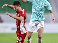 Julien De Sart (R) of Al Rayyan SC battles for the ball with Youssef Msakni (L) of Al Arabi SC during the Ooredoo Qatar Stars League 24/25 m...