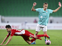 Julien De Sart (R) of Al Rayyan SC battles for the ball with Youssef Msakni (L) of Al Arabi SC during the Ooredoo Qatar Stars League 24/25 m...