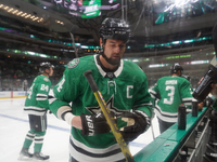 Jamie Benn #14 of the Dallas Stars prepares before the NHL preseason match between the Dallas Stars and the Minnesota Wild at American Airli...