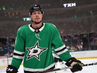 Miro Heiskanen #4 of the Dallas Stars reacts during the NHL preseason match between the Dallas Stars and the Minnesota Wild at American Airl...