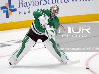 Jake Oettinger #29 of the Dallas Stars stands in the net against Minnesota during the NHL preseason match between the Dallas Stars and the M...