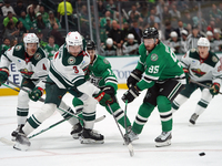 Matt Duchene #95 of the Dallas Stars blocks the puck shot by Joseph Cecconi #3 of the Minnesota Wild during the NHL preseason match between...