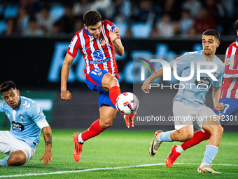 Julian Alvarez of Atletico de Madrid attempts a kick to score a goal during the LaLIGA EA SPORTS match between RC Celta and Atletico de Madr...