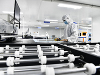 Workers at a liquid crystal display manufacturer work at Shanting Economic Development Zone in Zaozhuang, China, on September 25, 2024. (