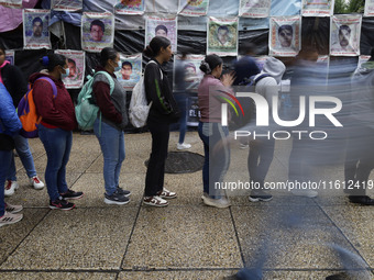 Normalista students accompany the mothers and fathers of the 43 missing Ayotzinapa students in Mexico City, Mexico, on September 26, 2024, a...