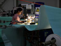 A worker produces paper-making nets at Pacific Special Nets Co., LTD in Fuyang, China, on September 27, 2024. (