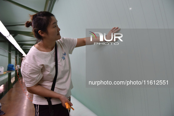 A worker checks the quality of paper-making nets at Pacific Special Nets Co., LTD in Fuyang, China, on September 27, 2024. 